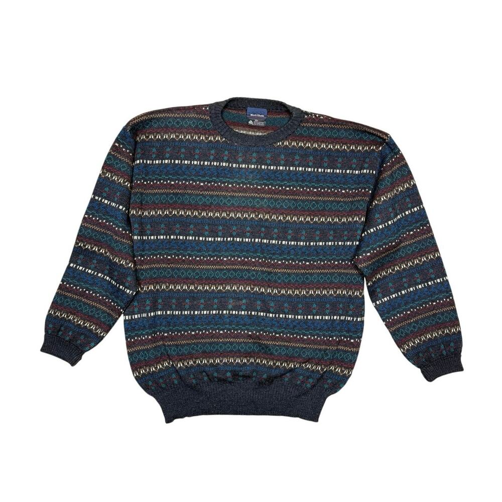 Retro 90s Mark Shale Patterned 100% Wool Grandpacore Crewneck Sweater Men's XL